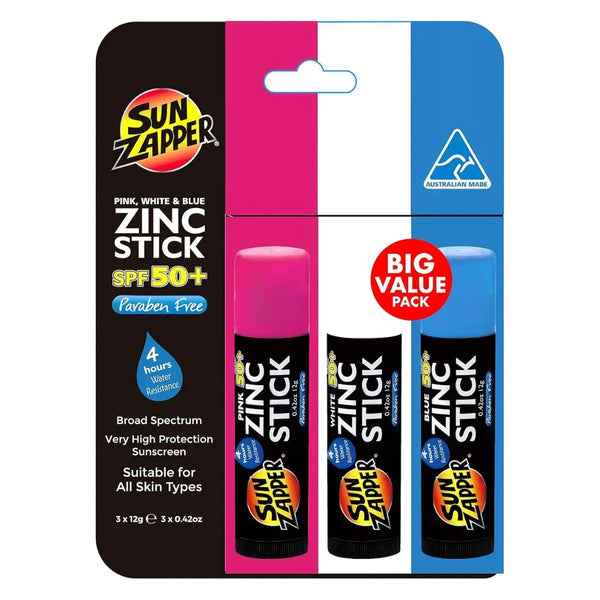 Sun Zapper zinc stick sunscreen packaging with three sticks in pink, white, and blue.