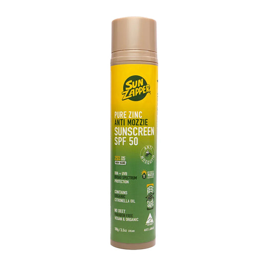Sun Zapper mosquito repellent sunscreen SPF 50 with natural citronella, vegan, reef safe, tinted cream in pump bottle. insect and mosquito repellent sun cream