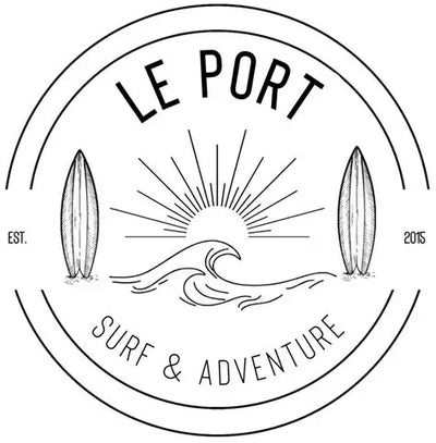 Logo for Le Port with surfboards, wave, and sun design on a white background