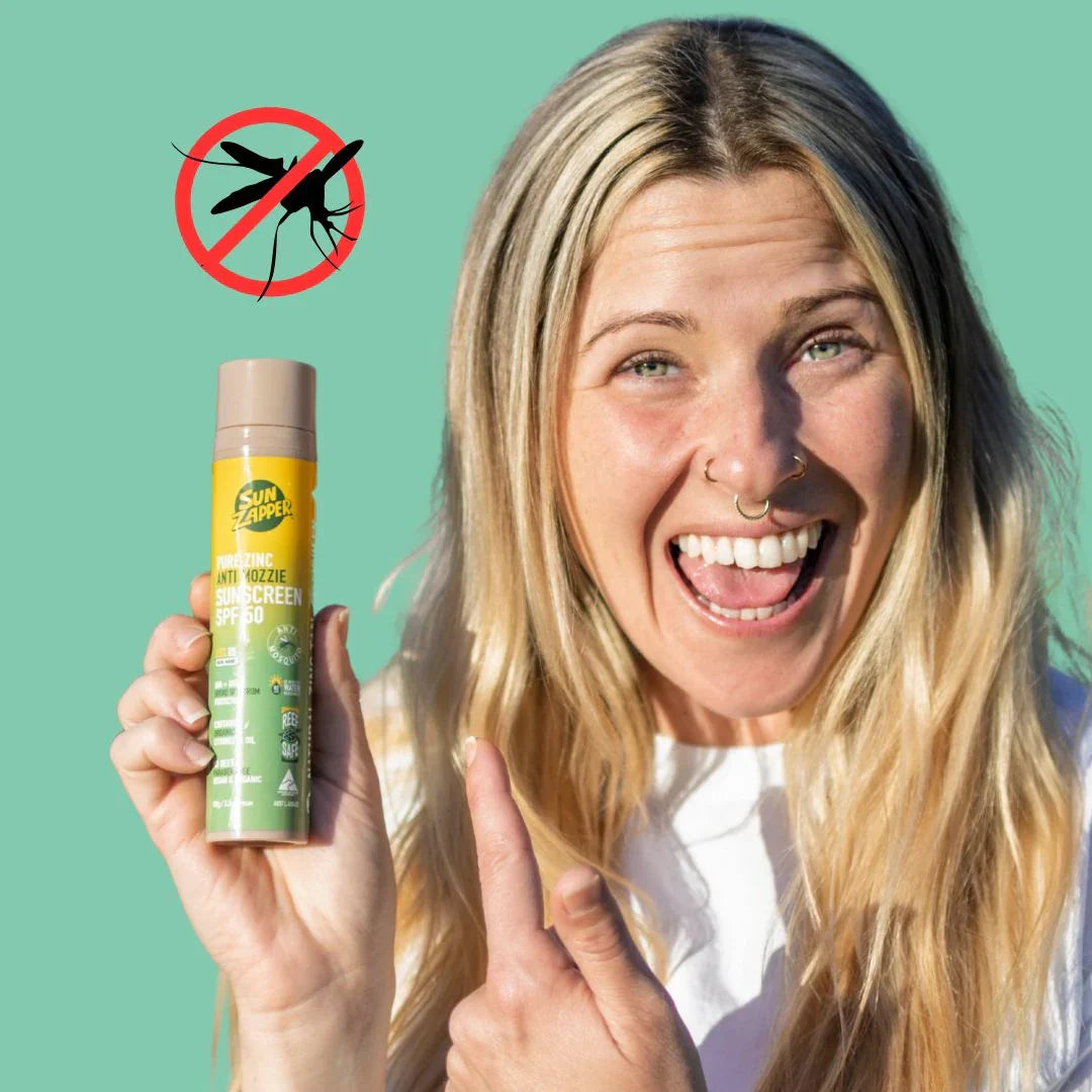 Sun Zapper mosquito repellent sunscreen SPF 50 with natural citronella, vegan, reef safe, tinted cream in pump bottle. insect and mosquito repellent sun cream