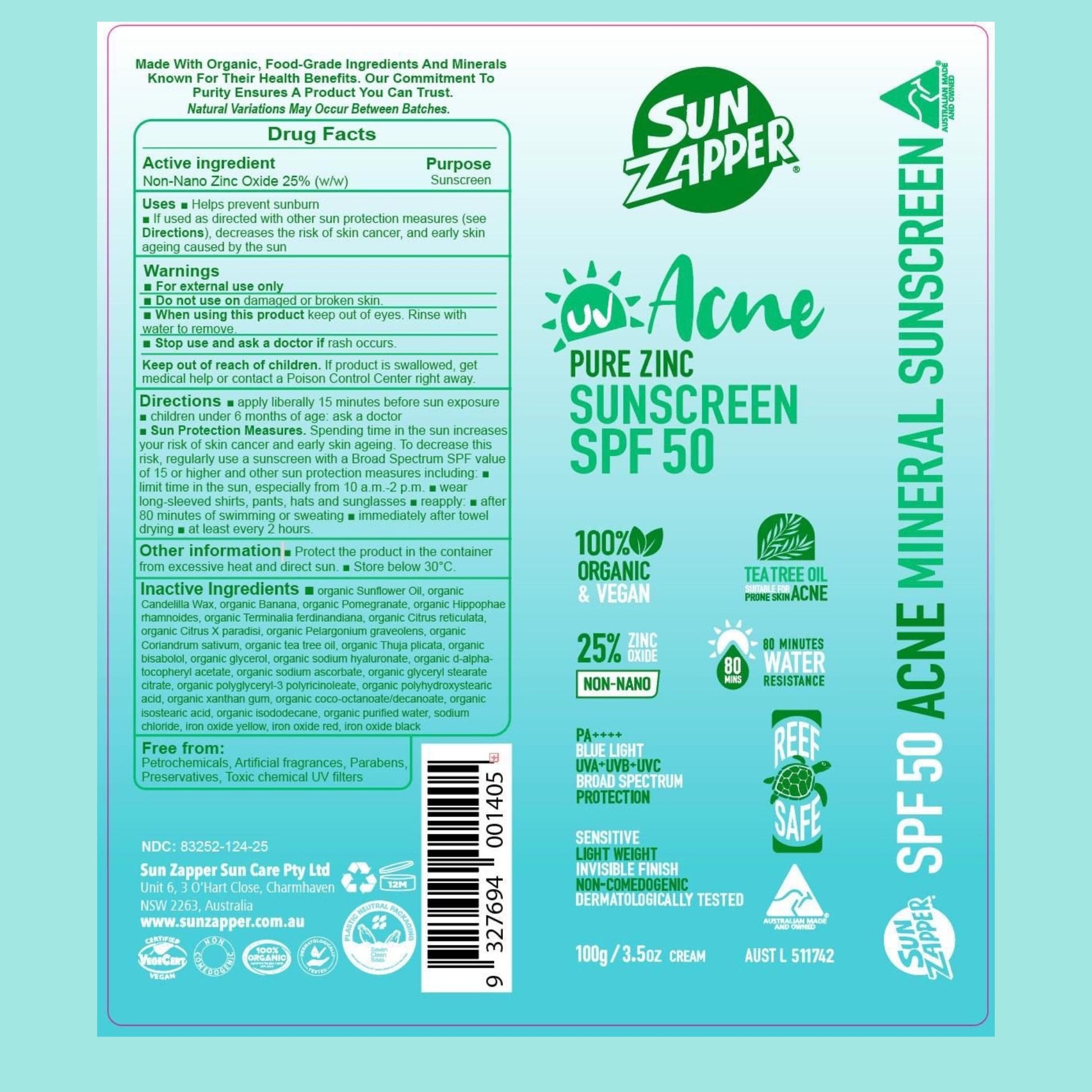 Sun Zapper Acne Pure Zinc Sunscreen SPF 50 label on a light blue background