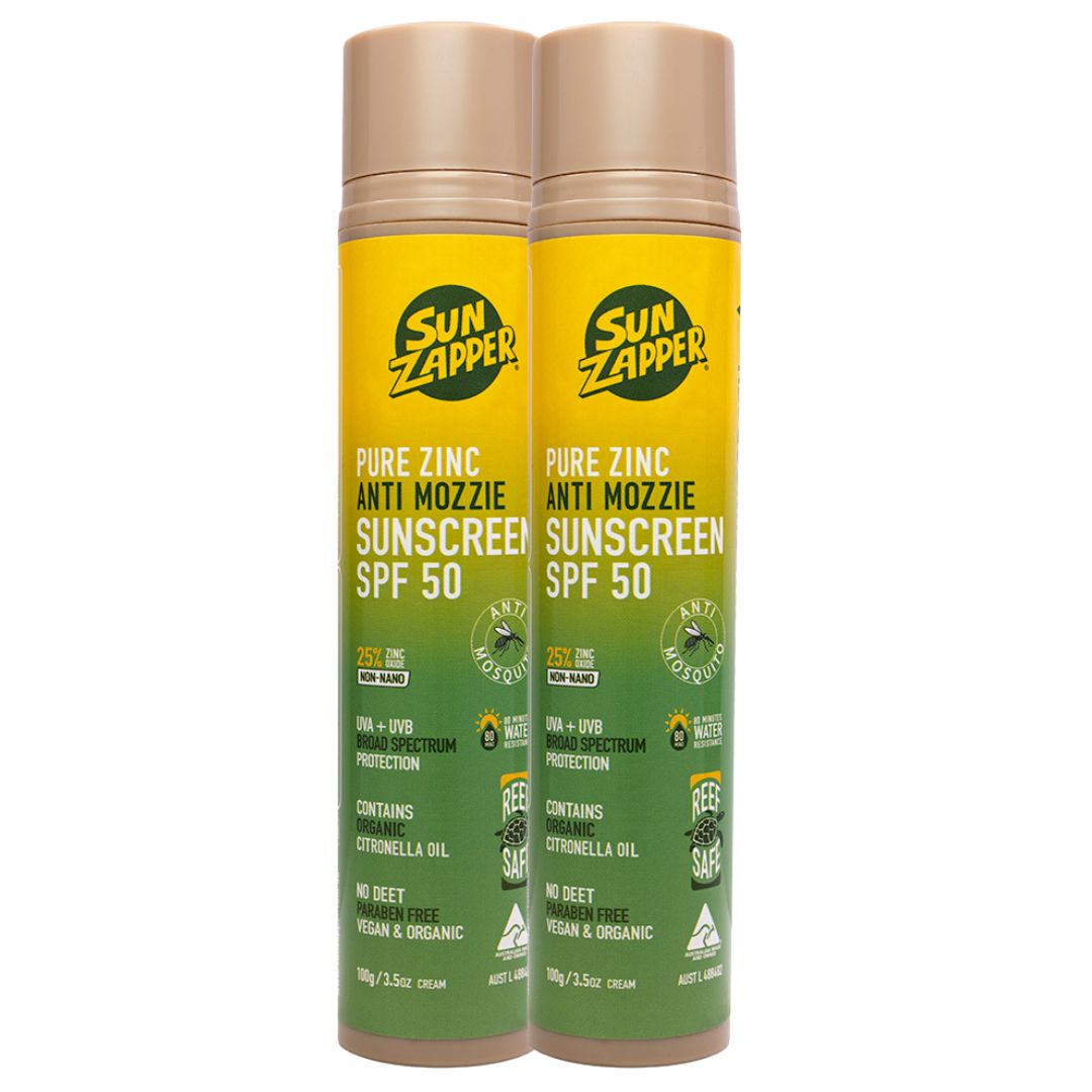 Two bottles of Sun Zapper Pure Zinc Anti Mosquito Sunscreen SPF 50 on a white background