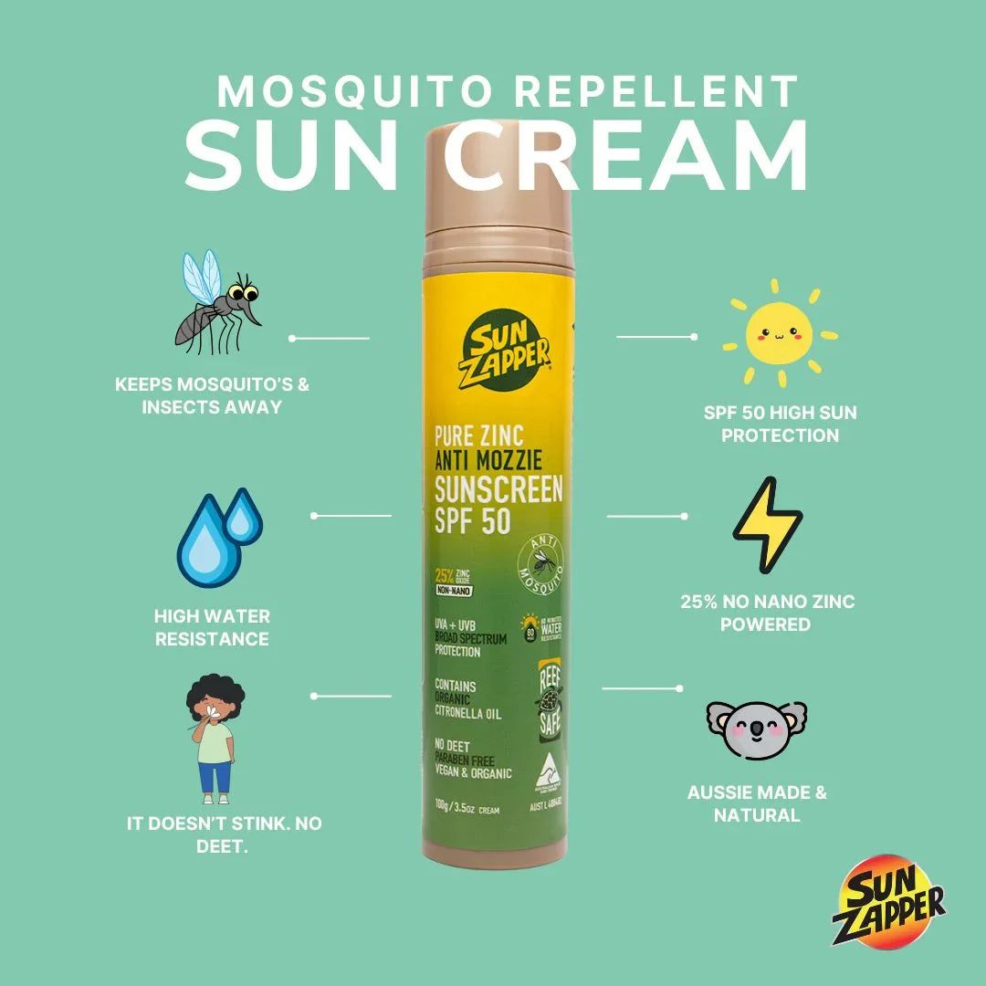 Sun Zapper mosquito repellent sunscreen SPF 50 with natural citronella, vegan, reef safe, tinted cream in pump bottle. insect and mosquito repellent sun cream