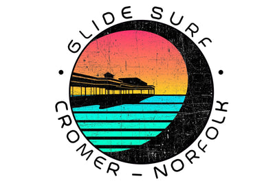 Glide Surf Cromer Norfolk logo with sunset and beach house design