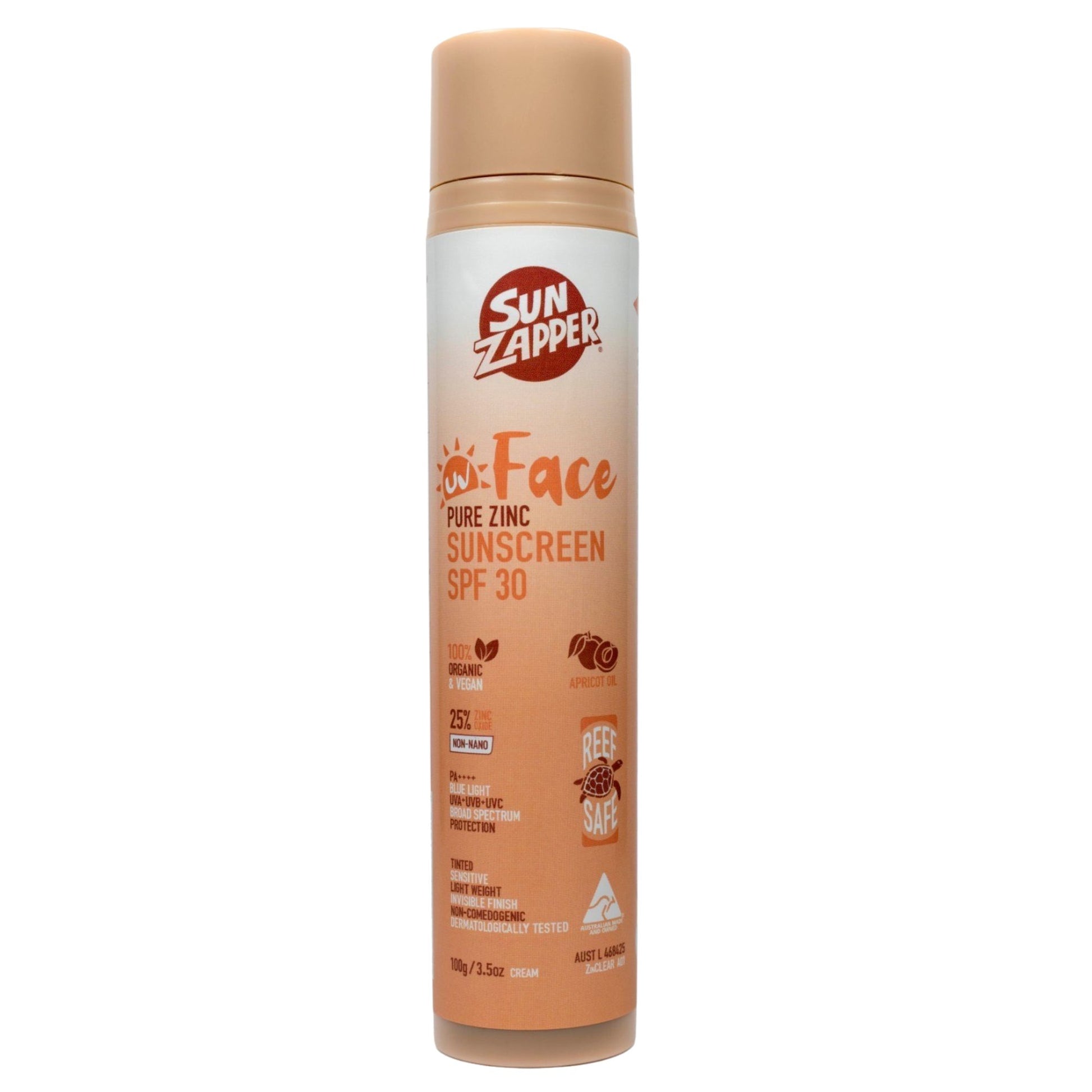 Sun Zapper Face Pure Zinc mineral face Sunscreen SPF 30 bottle on a white background