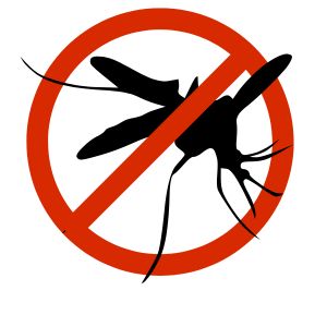 Prohibition sign with a mosquito silhouette inside a red circle on a background