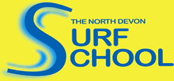 Logo of The North Devon Surf School with a blue 'S' on a yellow background