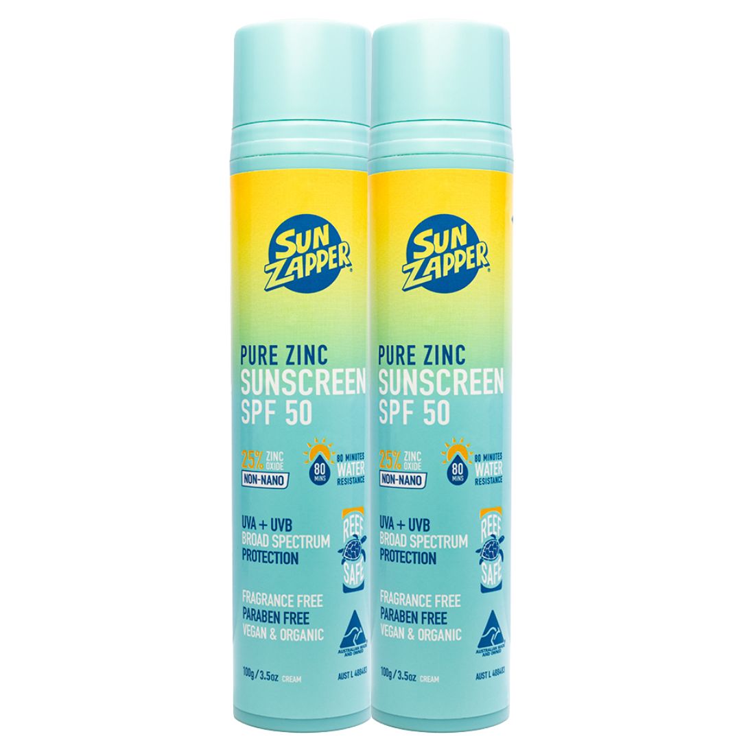 Two bottles of Sun Zapper Pure Zinc Sunscreen SPF 50 on a white background