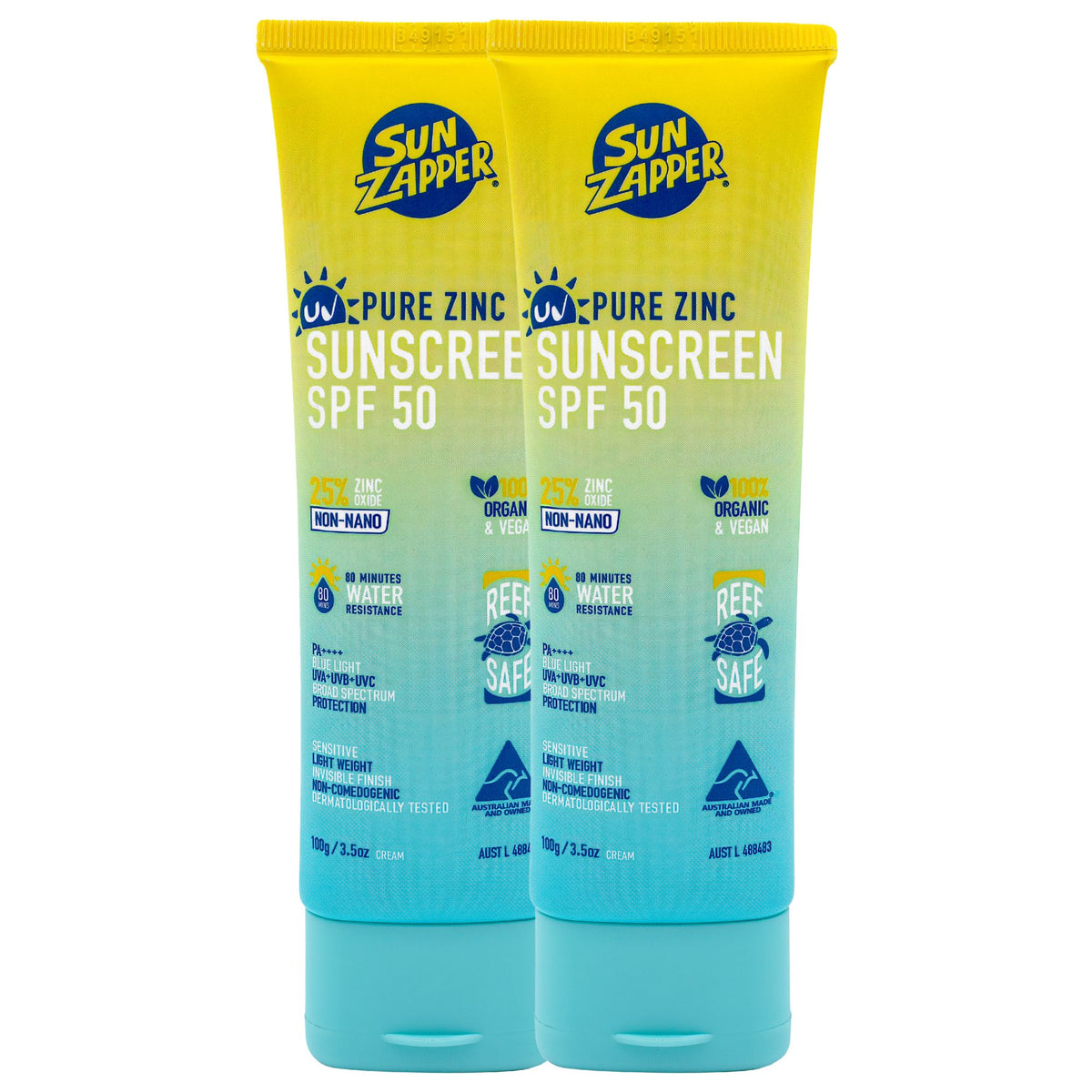 Two tubes of Sun Zapper Pure Zinc Sunscreen SPF 50 on a white background non nano zinc oxide mineral sunscreen
