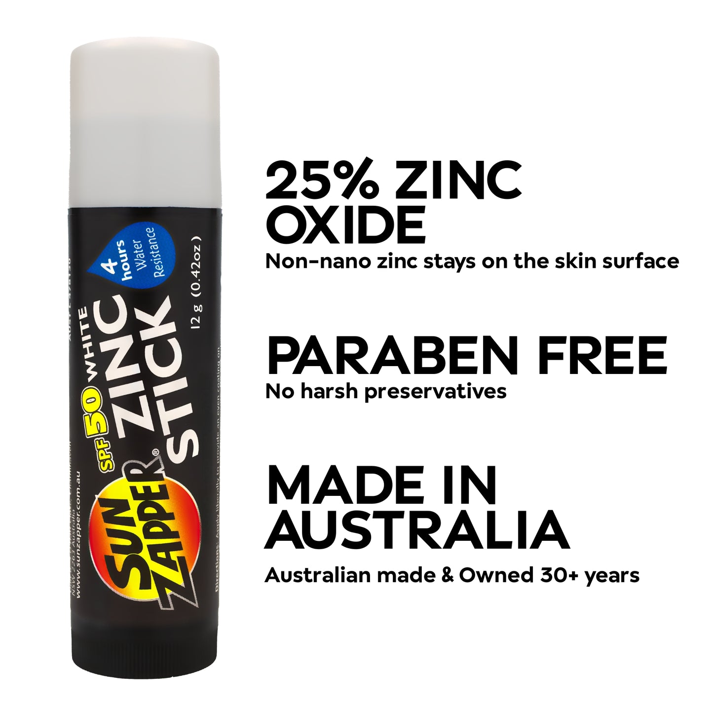 sun zapper white zinc stick spf 50+ sunscreen stick