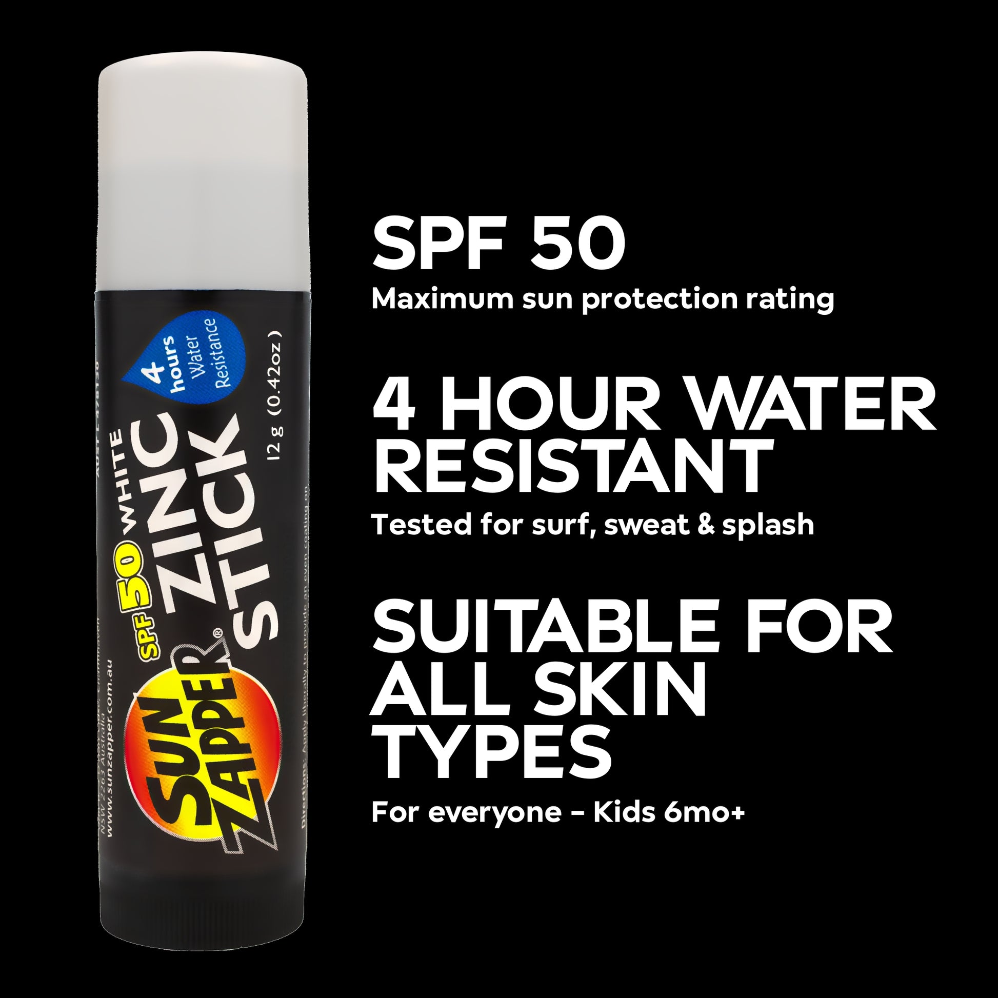 sun zapper white zinc stick spf 50+ sunscreen stick
